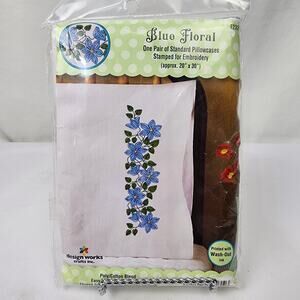 Design Works Crafts #T232135 “Blue Floral” Embroidery Stamped Pillowcases Kit
